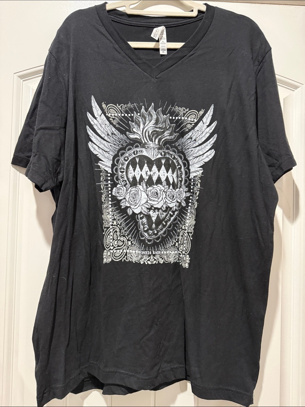 Bella Canvas Black V-Neck Short Sleeve Tee with White Winged Heart Graphic
